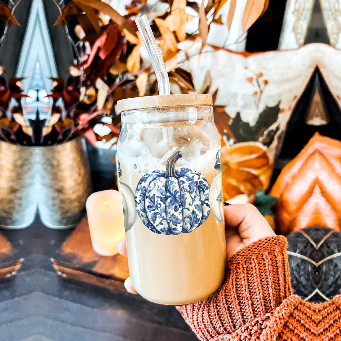 Chinoiserie Pumpkin 20oz Insulated Tumbler Ceramic Look Travel Mug Reusable