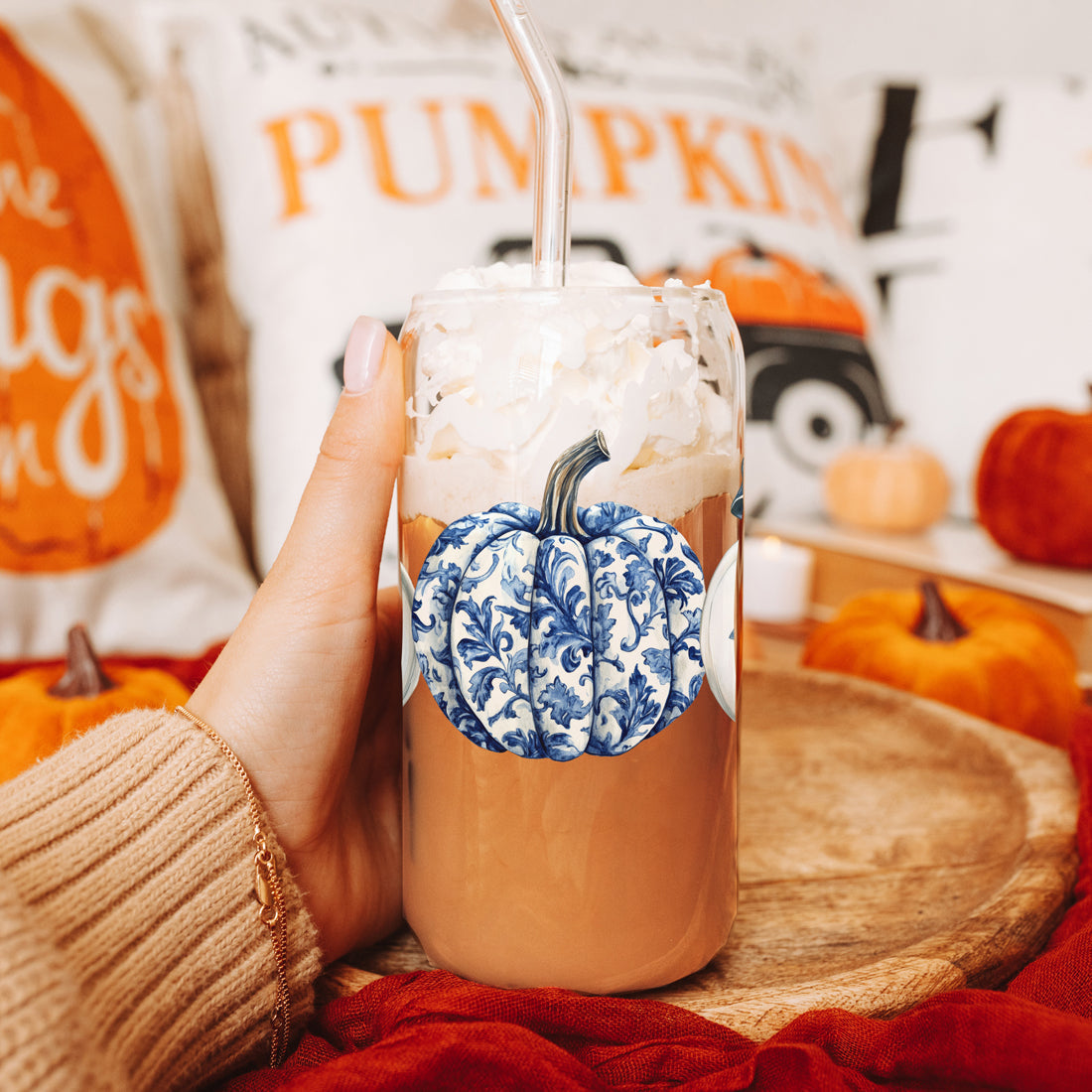 Chinoiserie Pumpkin 20oz Insulated Tumbler Ceramic Look Travel Mug Reusable