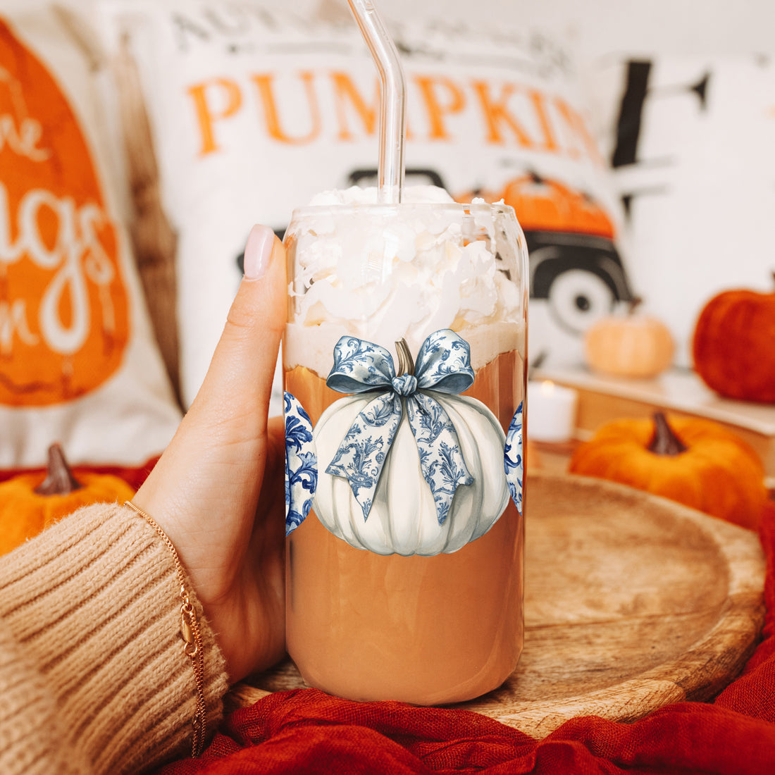 Chinoiserie Pumpkin 20oz Insulated Tumbler Ceramic Look Travel Mug Reusable