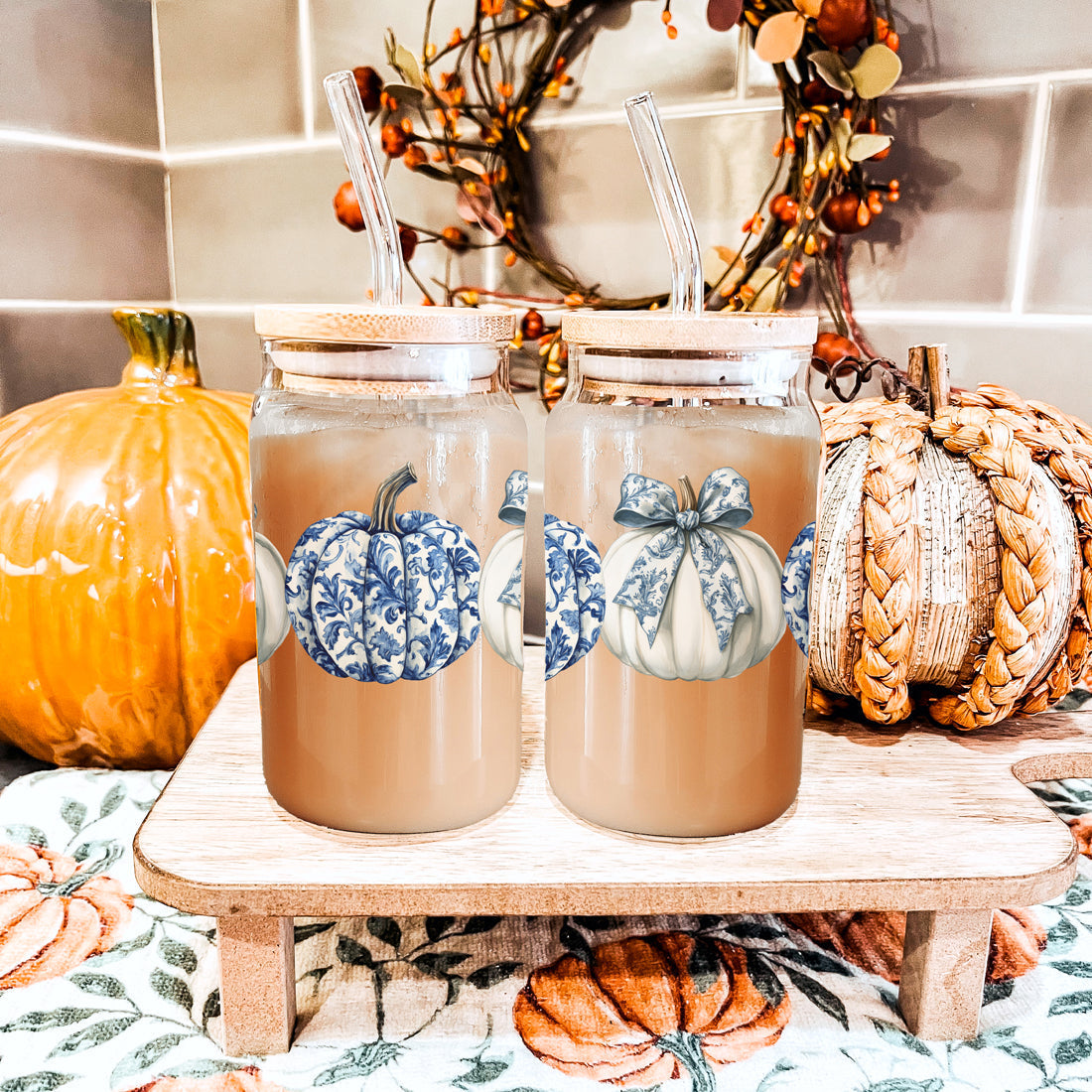 Chinoiserie Pumpkin 20oz Insulated Tumbler Ceramic Look Travel Mug Reusable