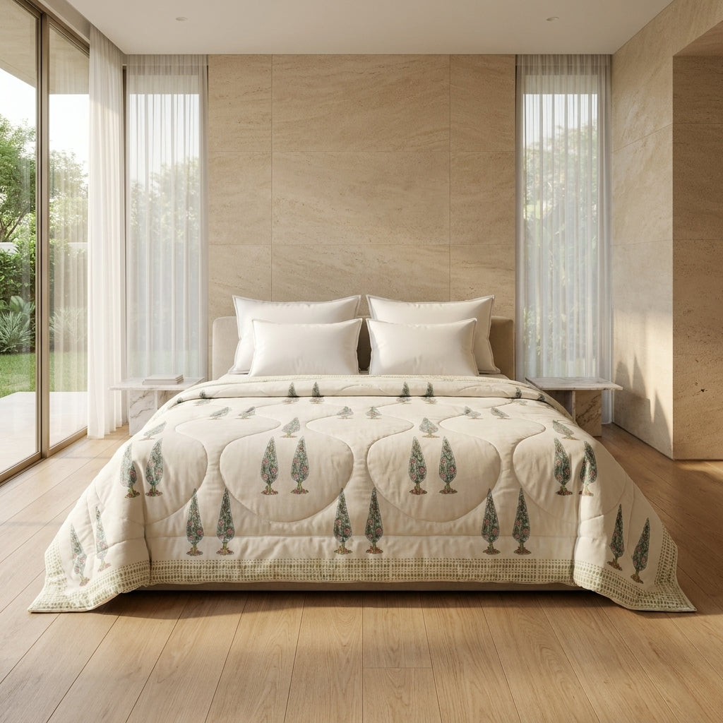 House of Avana Cream & Rust Sage Floral Jaipur Indian Hand Block Print Quilted Comforter