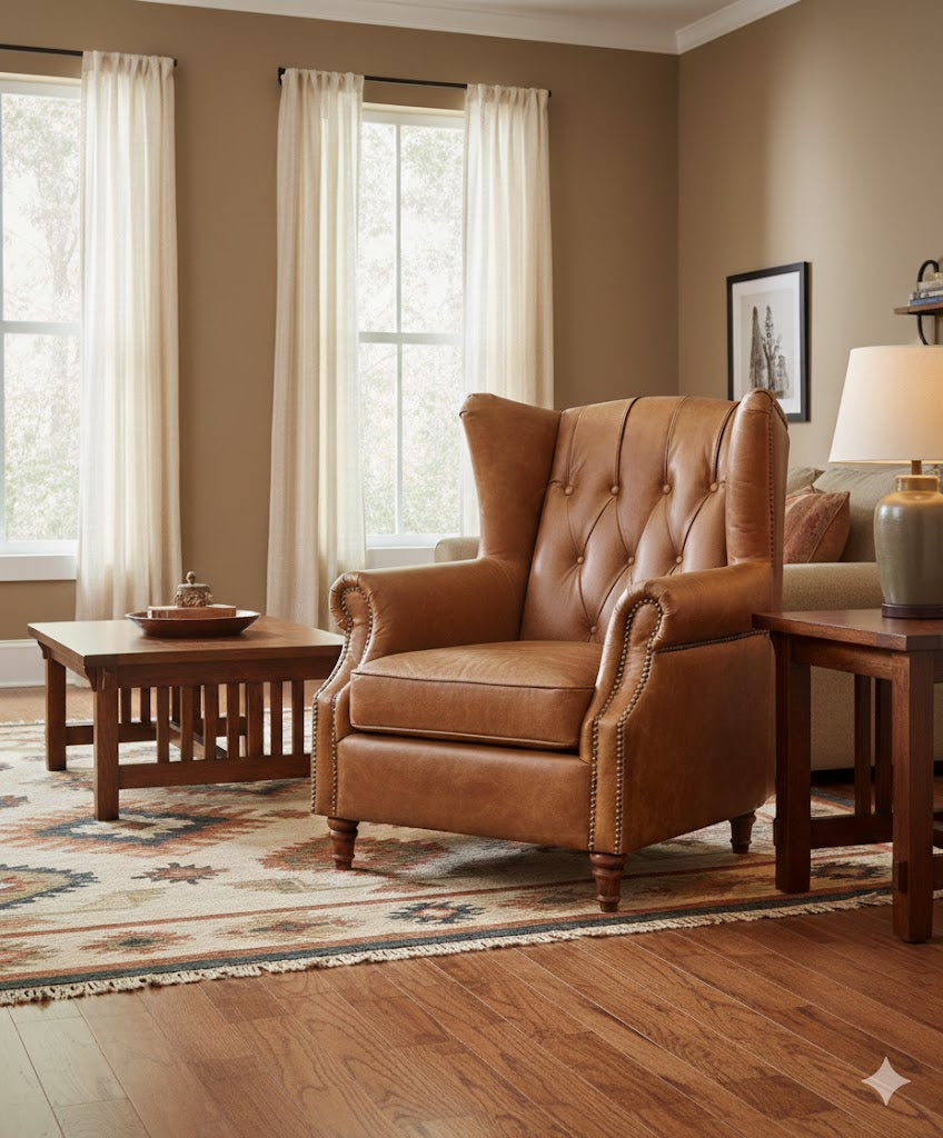 Tufted English Rolled Arm Wing Chair - Light Brown Leather