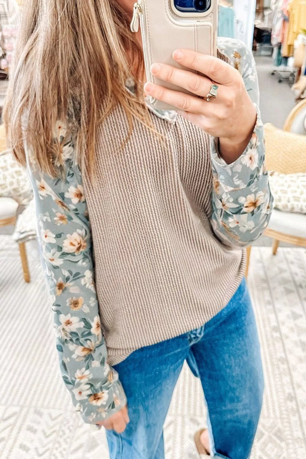 Floral Long Sleeve Round Neck Blouse