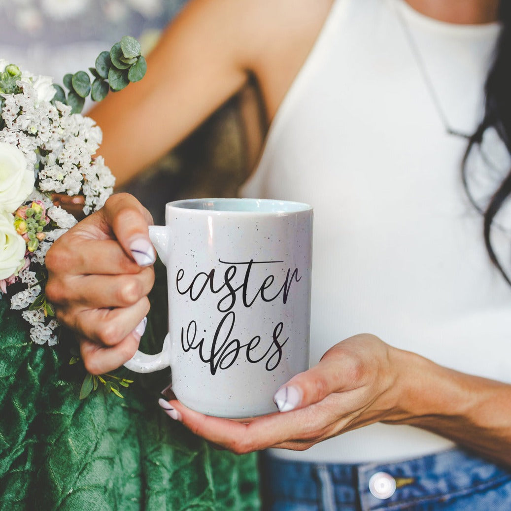 Easter Spring Ceramic Coffee Mug 16oz Pastel Blue Pink Large Tan Base Gift