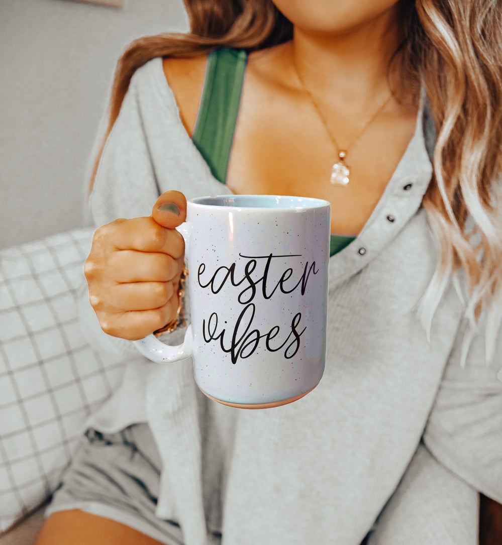 Easter Spring Ceramic Coffee Mug 16oz Pastel Blue Pink Large Tan Base Gift