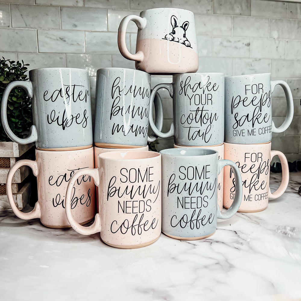 Easter Spring Ceramic Coffee Mug 16oz Pastel Blue Pink Large Tan Base Gift
