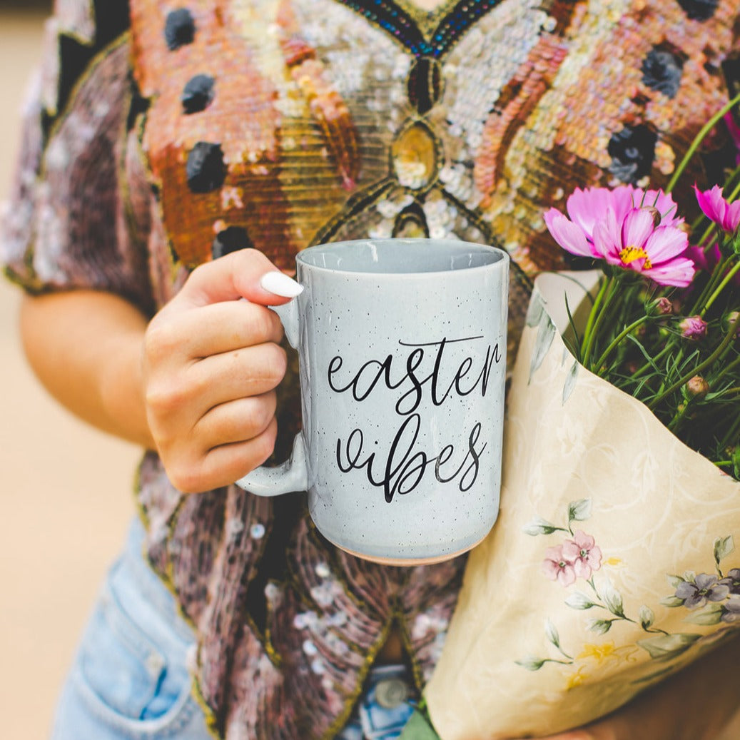 Easter Spring Ceramic Coffee Mug 16oz Pastel Blue Pink Large Tan Base Gift