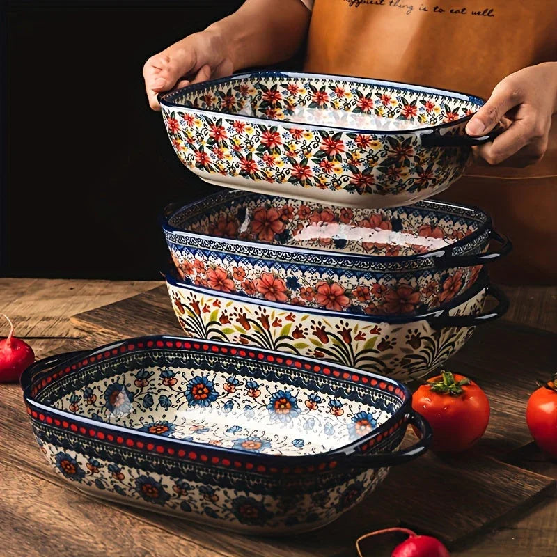 [Elegant Bohemian Baking Dishes] 2pcs Elegant Bohemian Porcelain Baking Dishes - 13-inch Large Rectangular Baker Set | Oven-Safe Casserole & Pie Pan, Versatile Ceramic Roaster | Mother's Day Gift for Home Chefs, Kitchen Essen