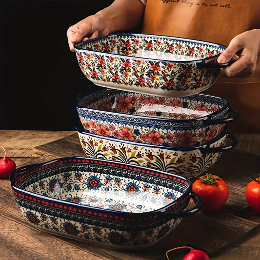 [Elegant Bohemian Baking Dishes] 2pcs Elegant Bohemian Porcelain Baking Dishes - 13-inch Large Rectangular Baker Set | Oven-Safe Casserole & Pie Pan, Versatile Ceramic Roaster | Mother's Day Gift for Home Chefs, Kitchen Essen