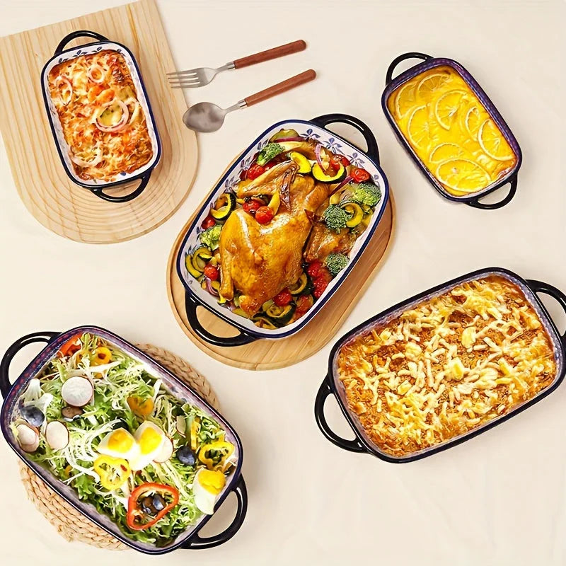 [Elegant Bohemian Baking Dishes] 2pcs Elegant Bohemian Porcelain Baking Dishes - 13-inch Large Rectangular Baker Set | Oven-Safe Casserole & Pie Pan, Versatile Ceramic Roaster | Mother's Day Gift for Home Chefs, Kitchen Essen