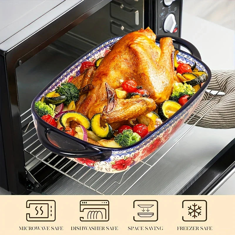 [Elegant Bohemian Baking Dishes] 2pcs Elegant Bohemian Porcelain Baking Dishes - 13-inch Large Rectangular Baker Set | Oven-Safe Casserole & Pie Pan, Versatile Ceramic Roaster | Mother's Day Gift for Home Chefs, Kitchen Essen