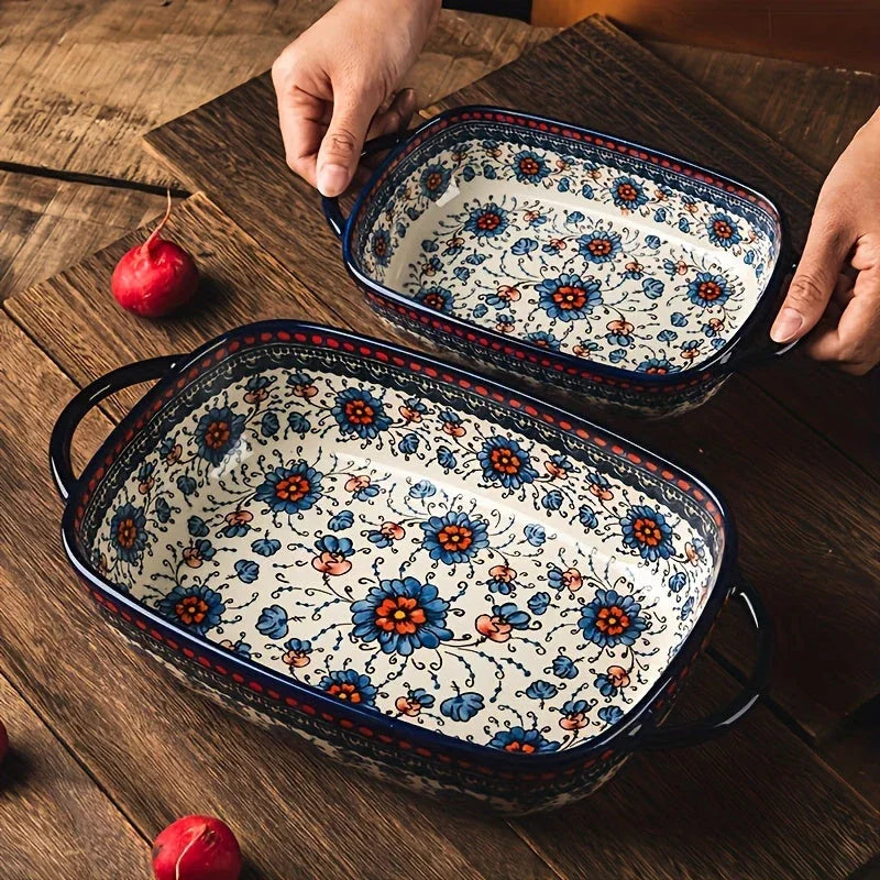 [Elegant Bohemian Baking Dishes] 2pcs Elegant Bohemian Porcelain Baking Dishes - 13-inch Large Rectangular Baker Set | Oven-Safe Casserole & Pie Pan, Versatile Ceramic Roaster | Mother's Day Gift for Home Chefs, Kitchen Essen