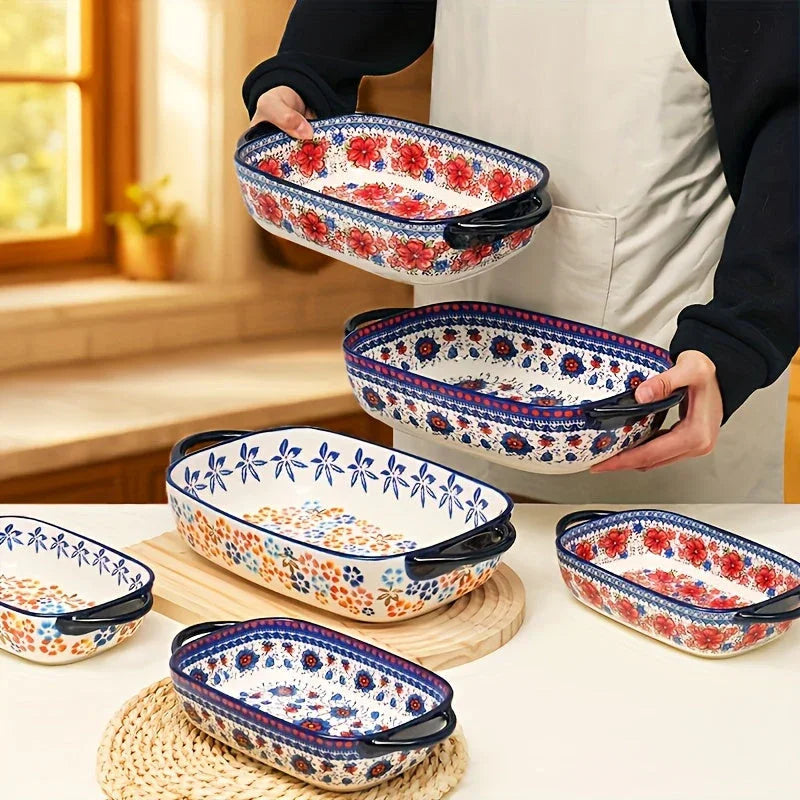 [Elegant Bohemian Baking Dishes] 2pcs Elegant Bohemian Porcelain Baking Dishes - 13-inch Large Rectangular Baker Set | Oven-Safe Casserole & Pie Pan, Versatile Ceramic Roaster | Mother's Day Gift for Home Chefs, Kitchen Essen