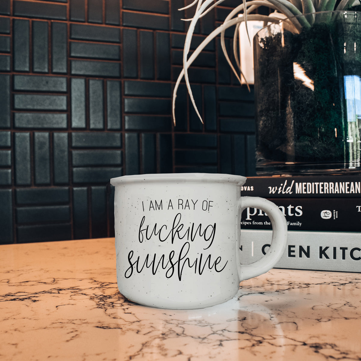 14.5oz Ceramic Campfire Mug White Sesame Glaze Speckled Ivory Black Lettering Design Both Sides Gift