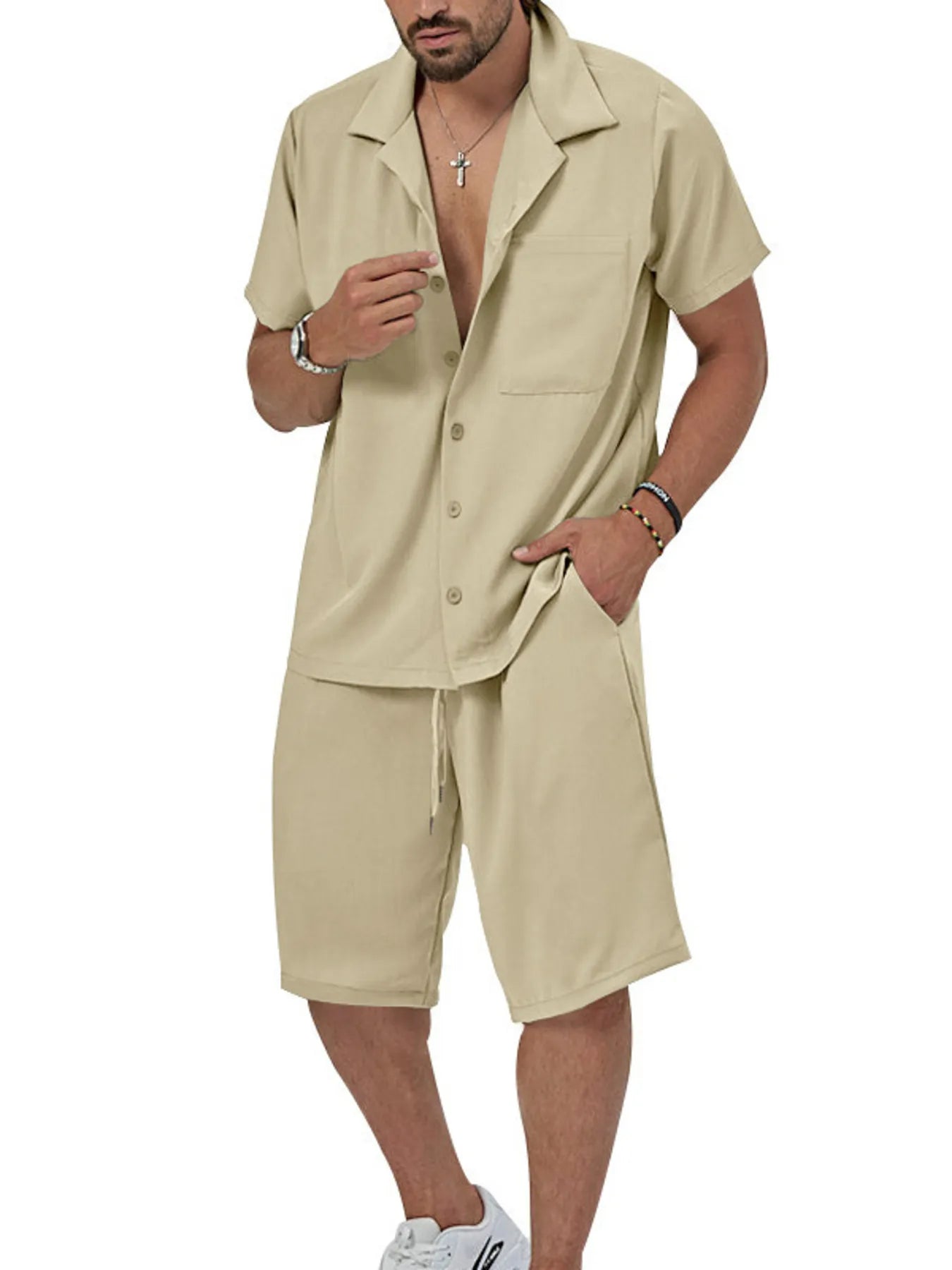 Men's Plus Size Button Up Short Sleeve Shirt and Shorts Set