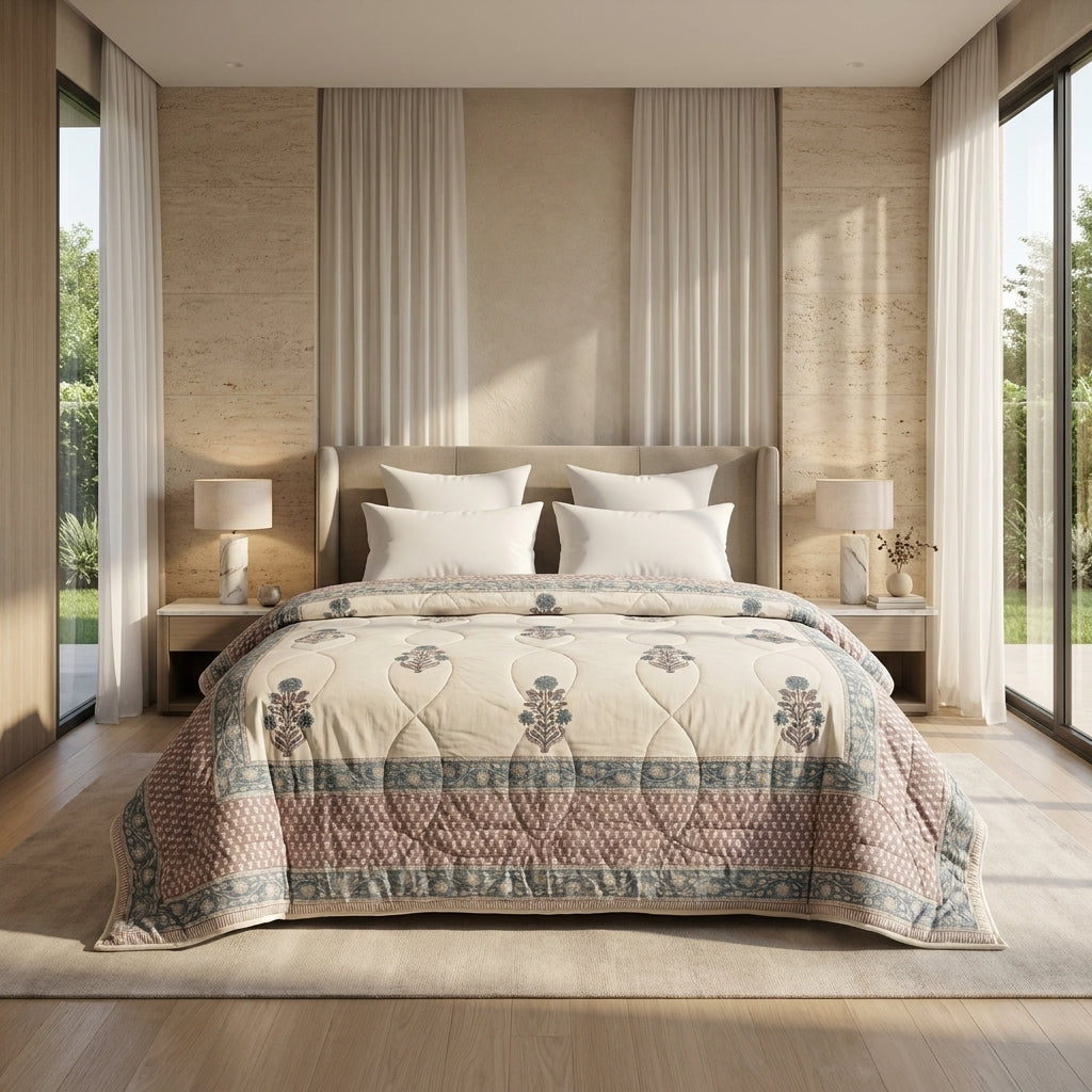 House of Avana Cream & Slate Blue Floral Jaipur Indian Hand Block Print Quilted Comforter
