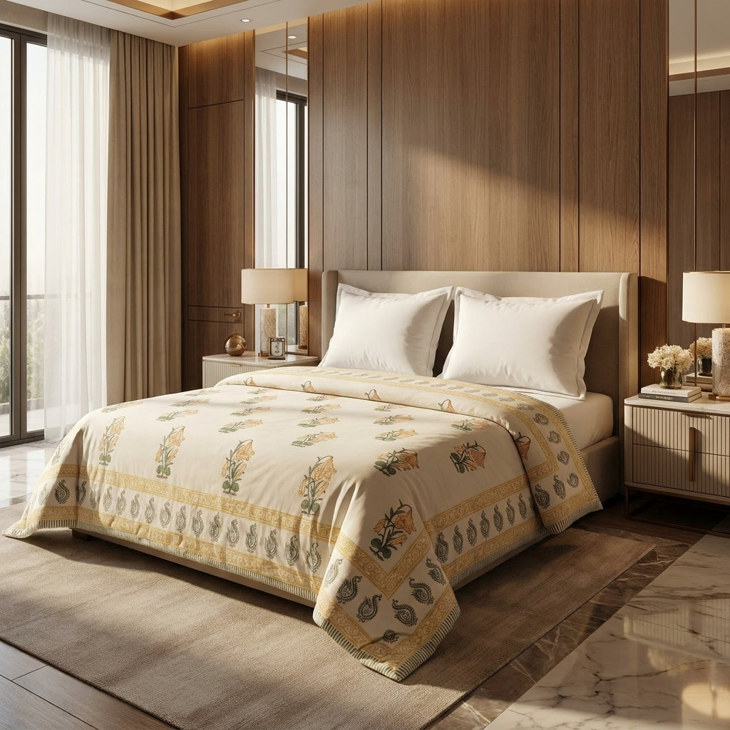 House of Avana Cream & Golden Yellow Floral Jaipur Indian Hand Block Print Quilted Comforter