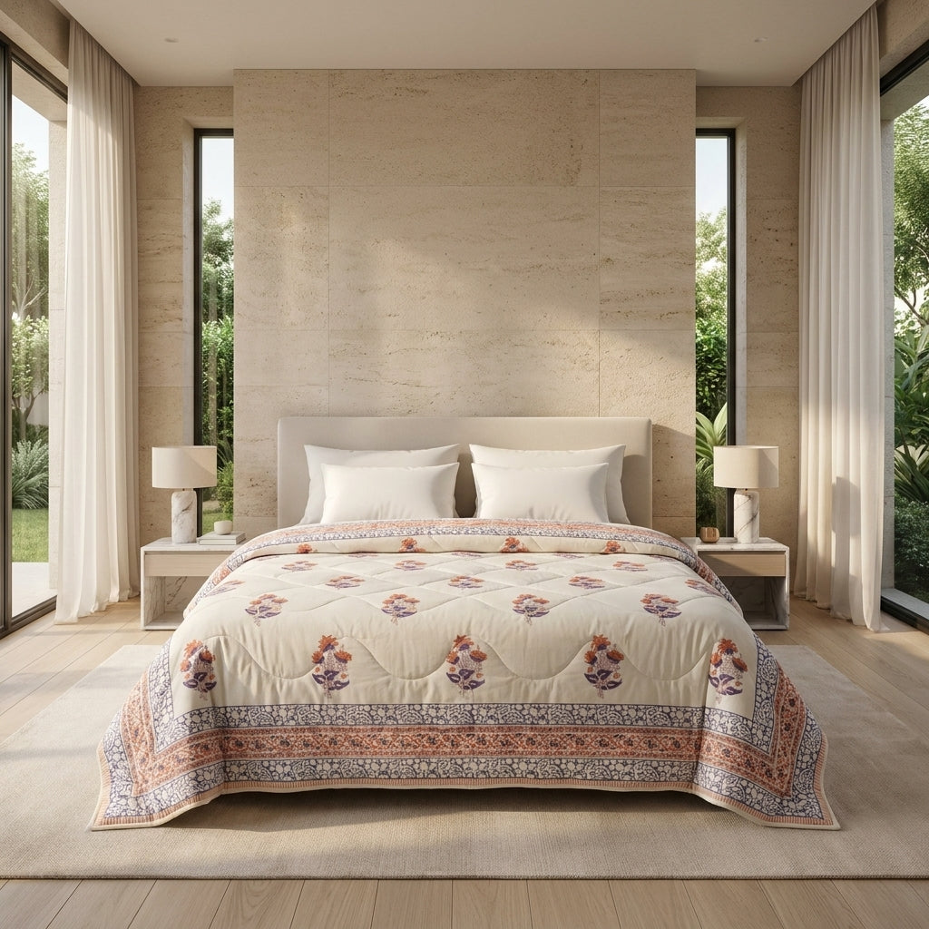 House of Avana Lavender Grey & Cream Floral Jaipur Indian Hand Block Print Quilted Comforter