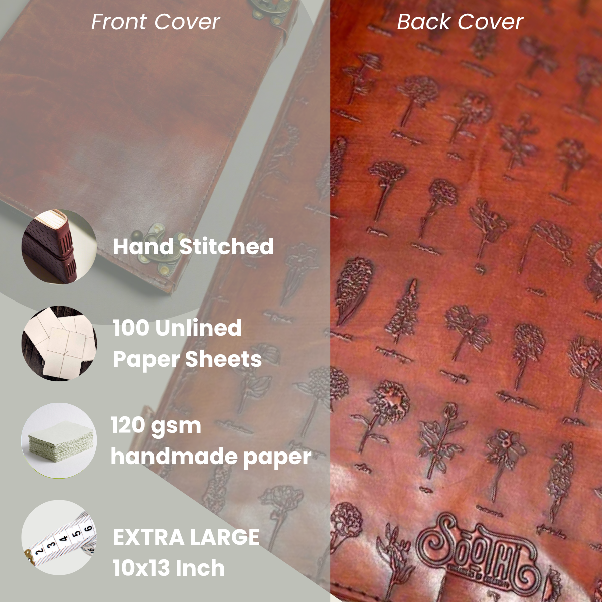 Flower Chart 10x13 Leather Journal | Blank Front, Botanical Back, Latch Closure