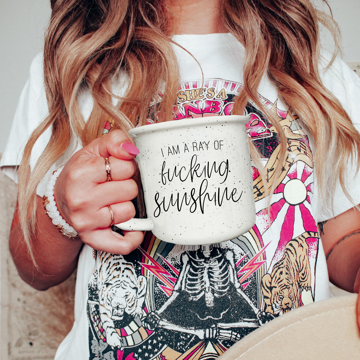 14.5oz Ceramic Campfire Mug White Sesame Glaze Speckled Ivory Black Lettering Design Both Sides Gift