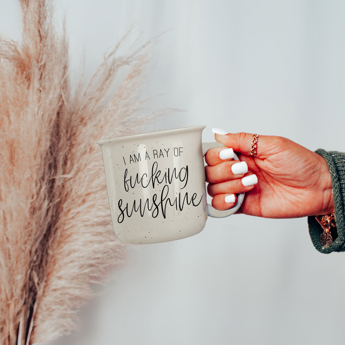 14.5oz Ceramic Campfire Mug White Sesame Glaze Speckled Ivory Black Lettering Design Both Sides Gift