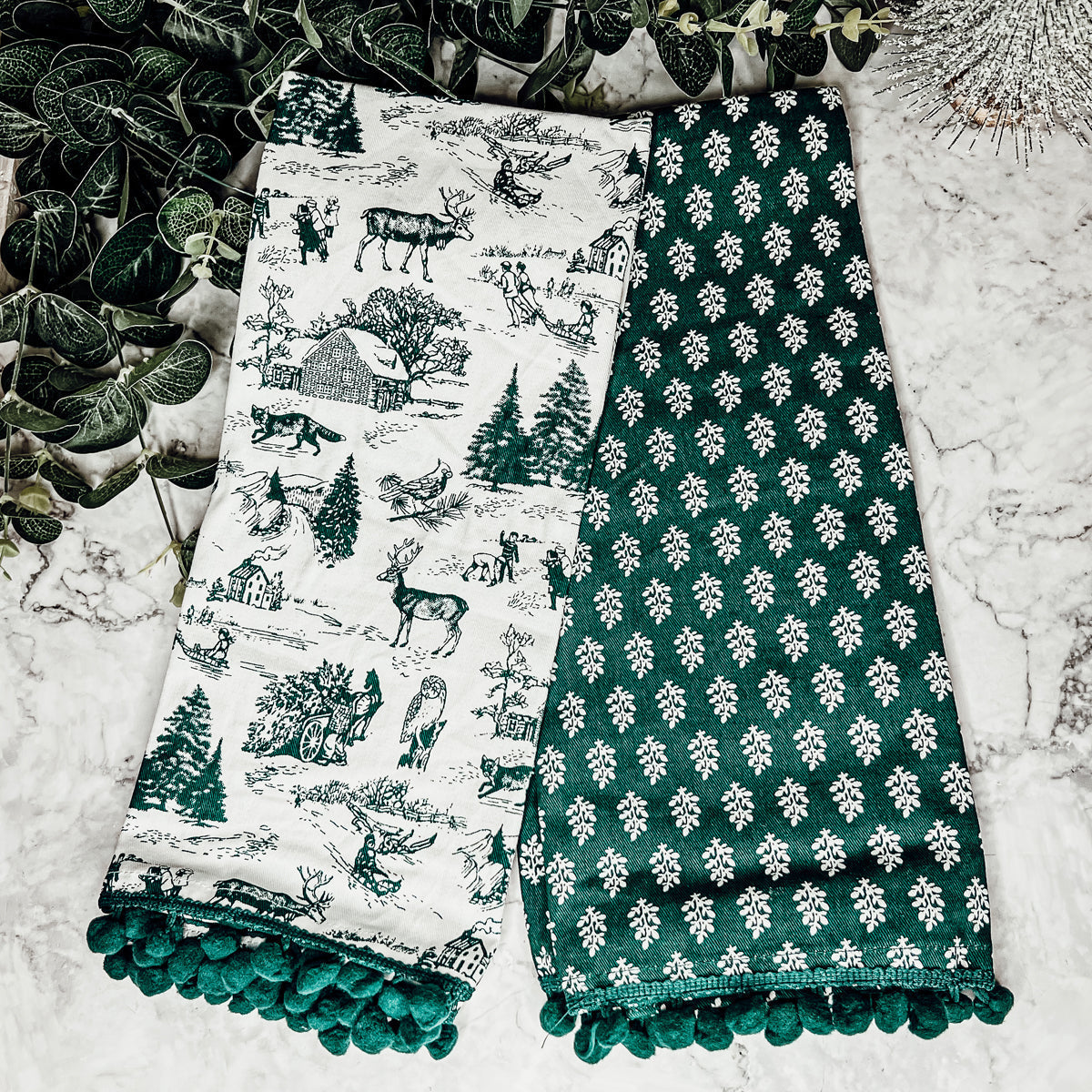 Forest Green Christmas Dish Towels Of 2 - 100 Percent Cotton Super Absorbent