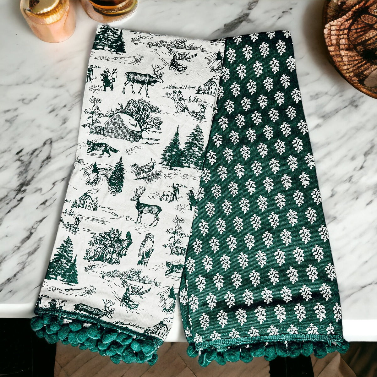 Forest Green Christmas Dish Towels Of 2 - 100 Percent Cotton Super Absorbent