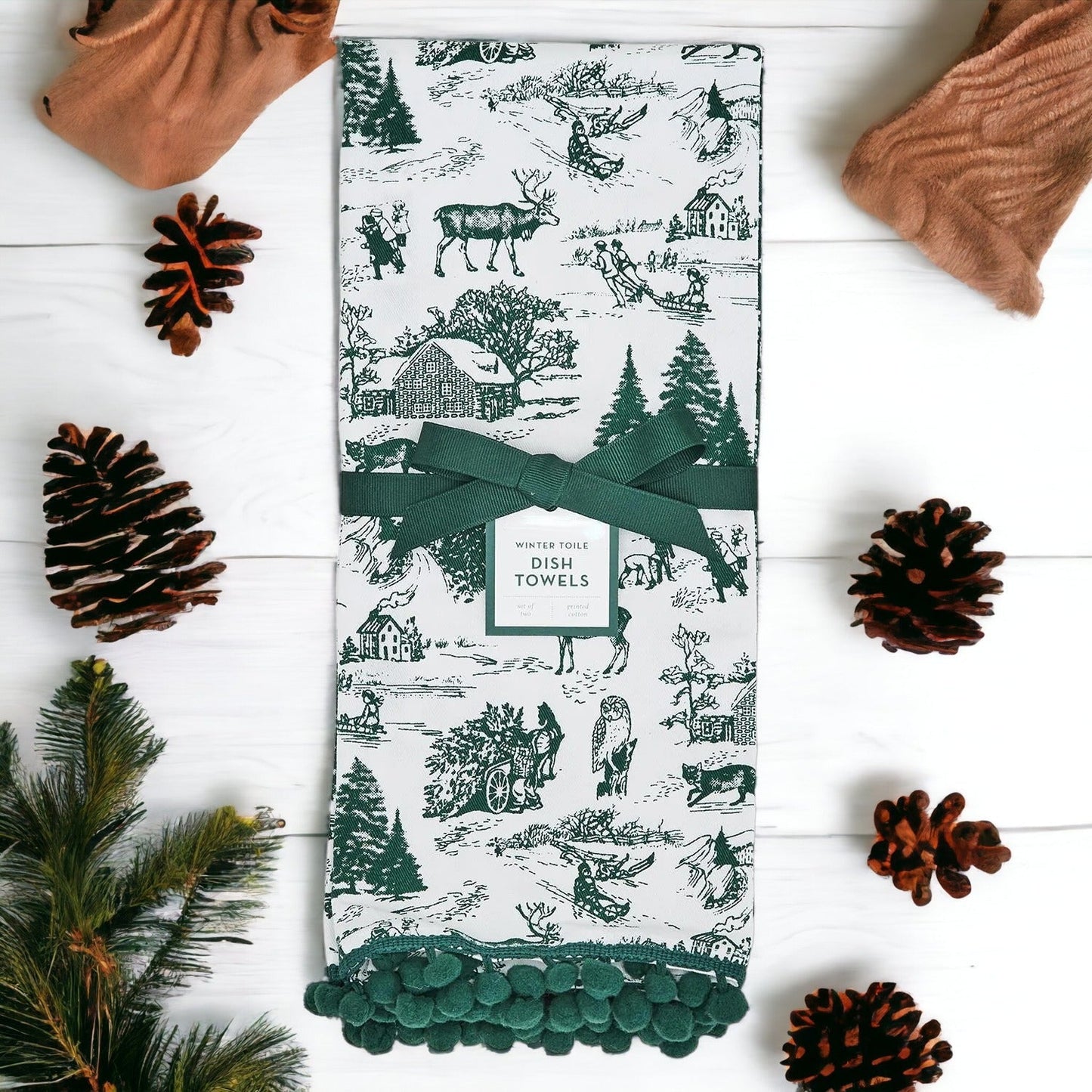 Forest Green Christmas Dish Towels Of 2 - 100 Percent Cotton Super Absorbent