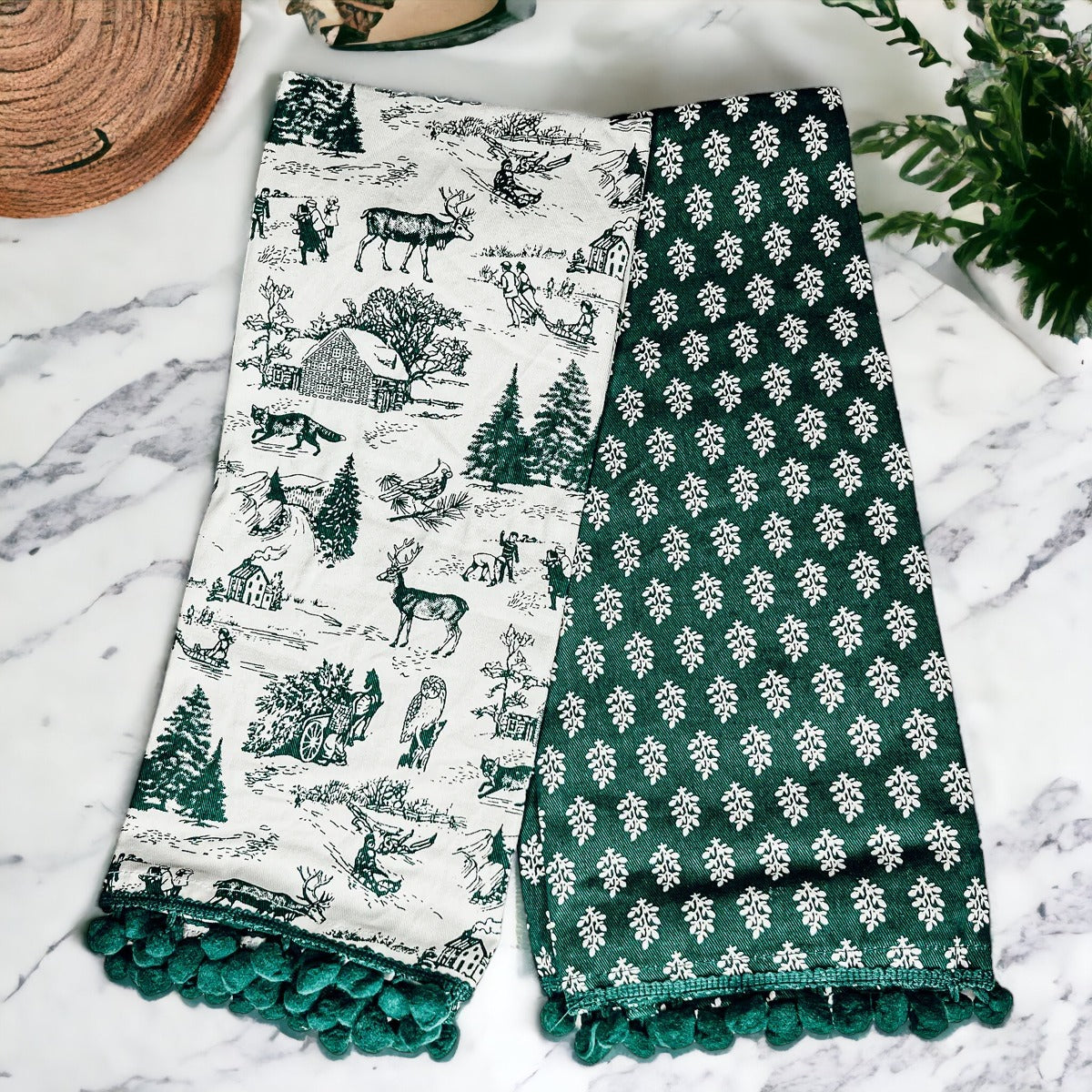 Forest Green Christmas Dish Towels Of 2 - 100 Percent Cotton Super Absorbent
