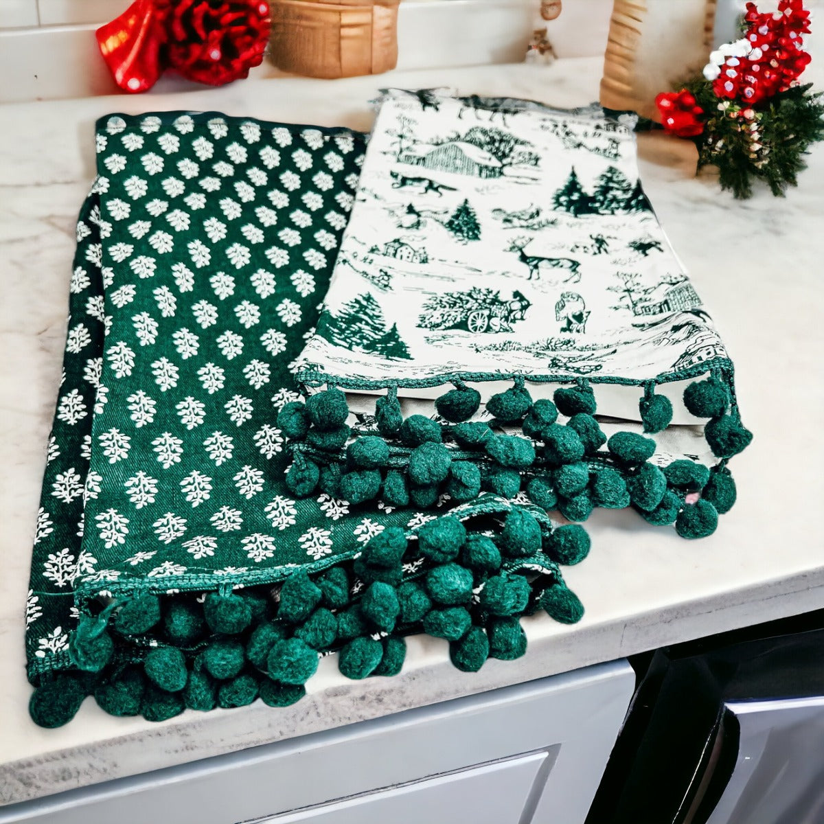 Forest Green Christmas Dish Towels Of 2 - 100 Percent Cotton Super Absorbent