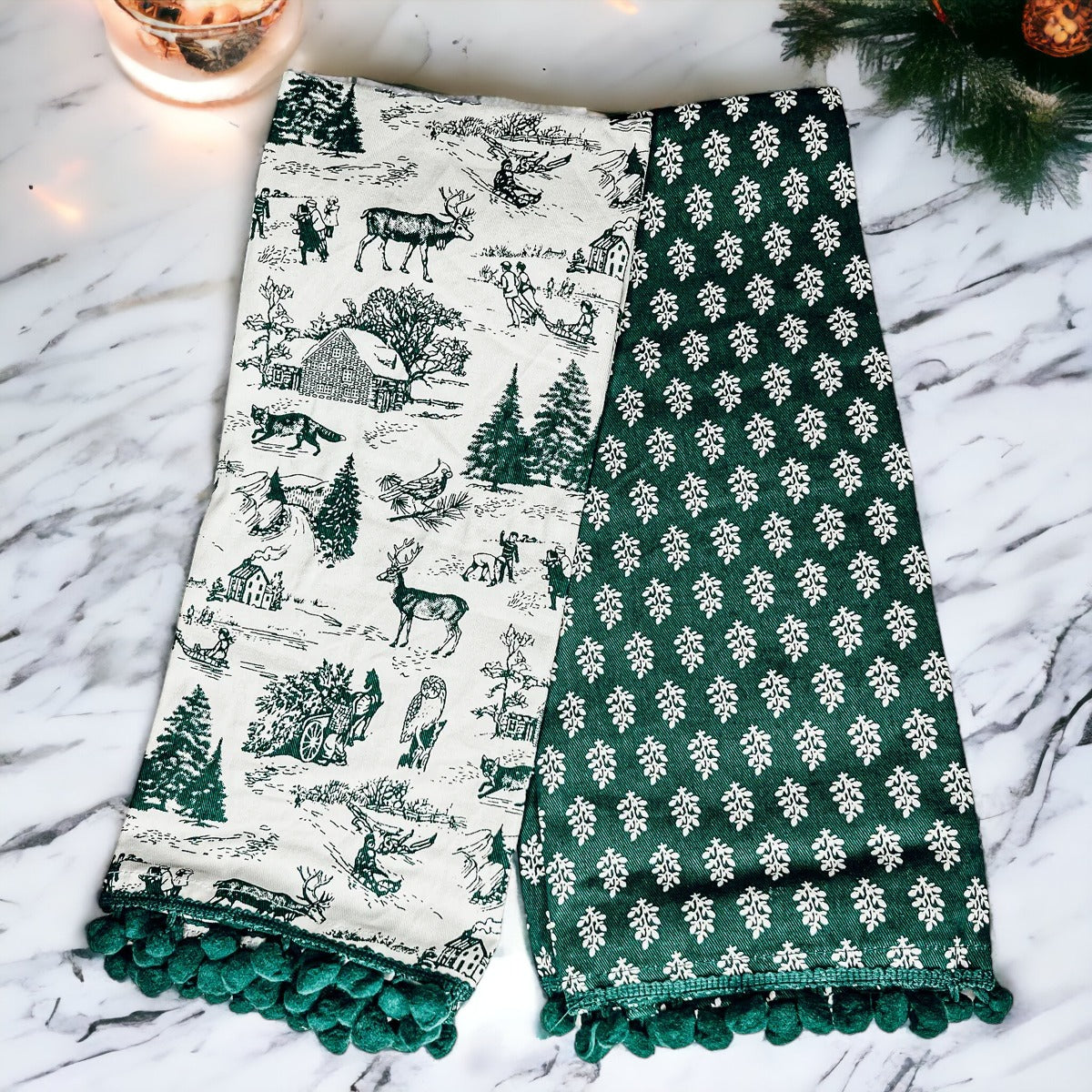 Forest Green Christmas Dish Towels Of 2 - 100 Percent Cotton Super Absorbent