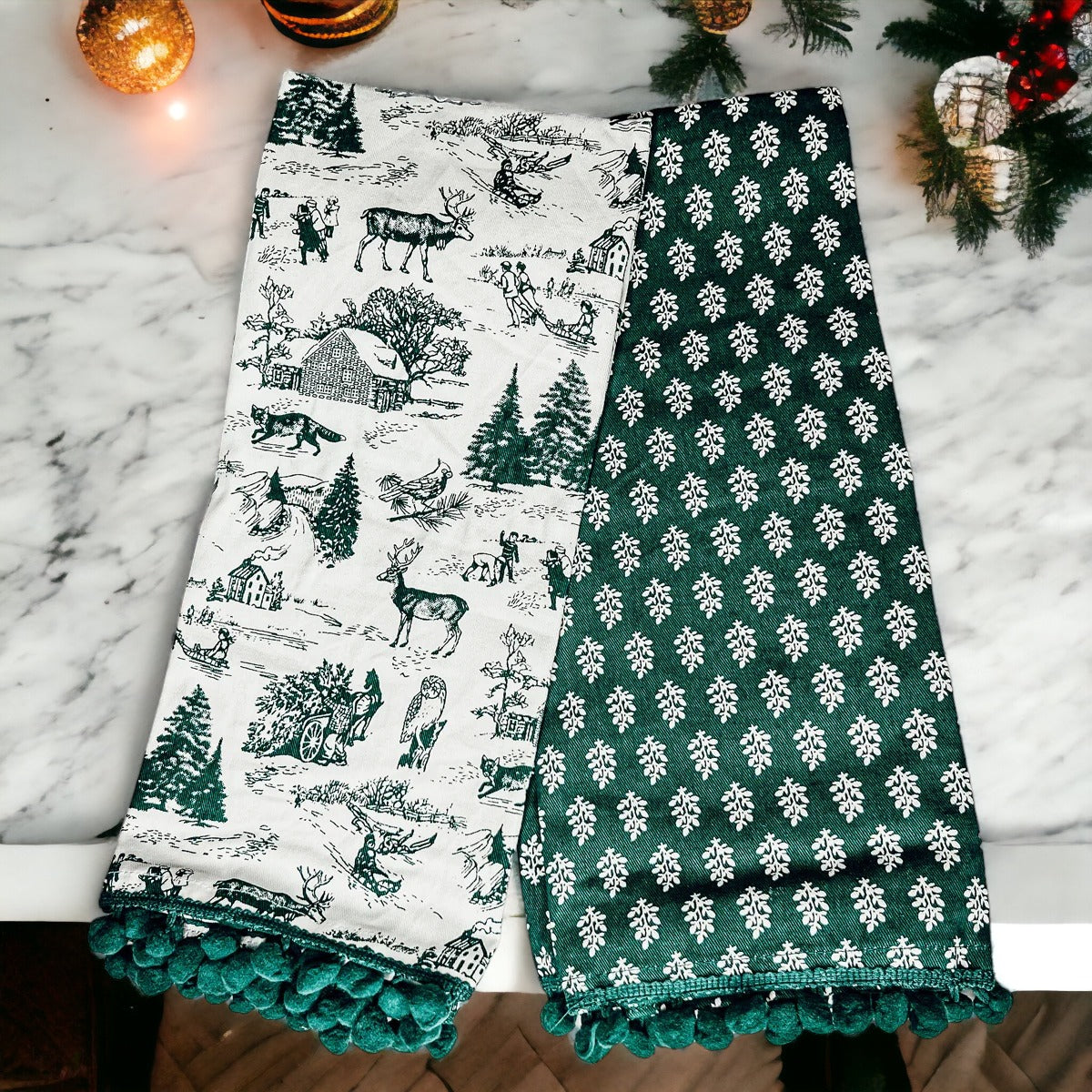 Forest Green Christmas Dish Towels Of 2 - 100 Percent Cotton Super Absorbent