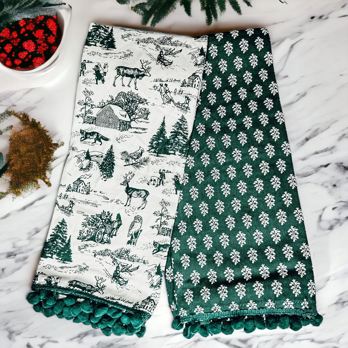 Forest Green Christmas Dish Towels Of 2 - 100 Percent Cotton Super Absorbent