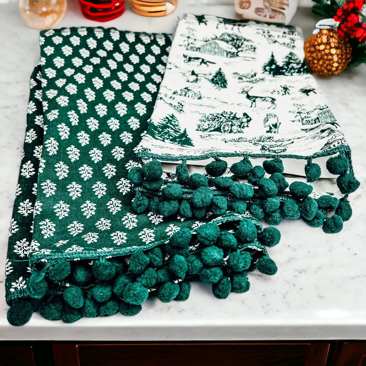 Forest Green Christmas Dish Towels Of 2 - 100 Percent Cotton Super Absorbent