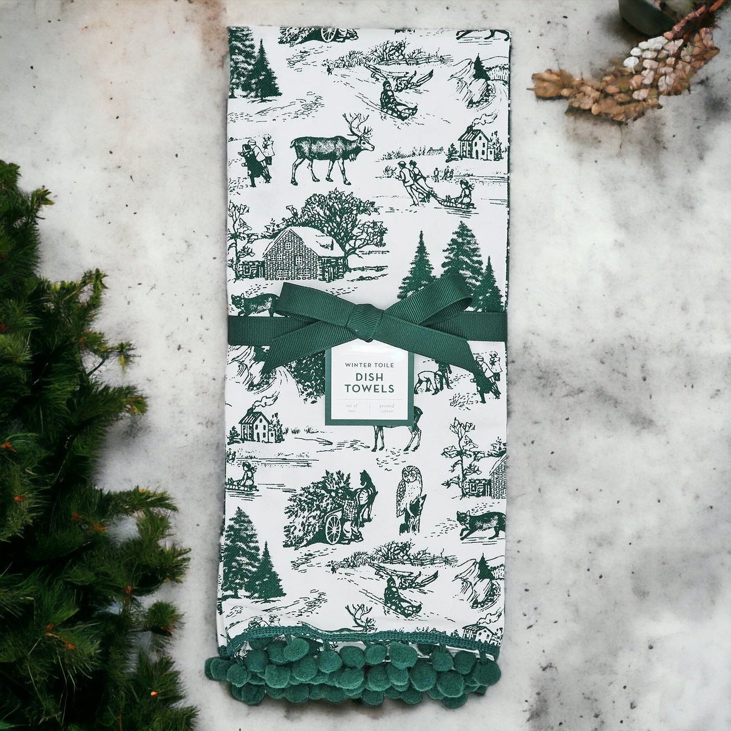 Forest Green Christmas Dish Towels Of 2 - 100 Percent Cotton Super Absorbent