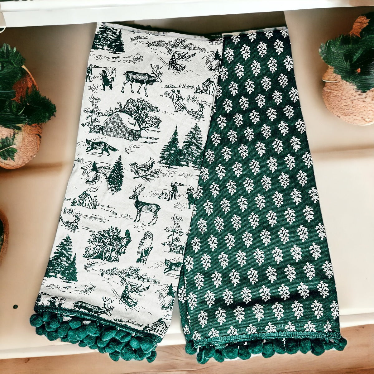 Forest Green Christmas Dish Towels Of 2 - 100 Percent Cotton Super Absorbent