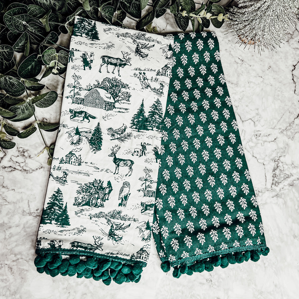 Forest Green Christmas Dish Towels Of 2 - 100 Percent Cotton Super Absorbent