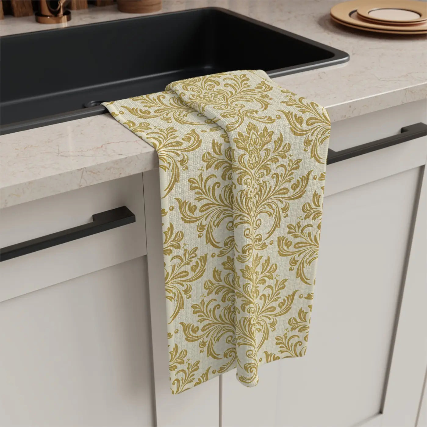 DipaliZ Microfiber Tea Towel Gold Damask Vintage Glow