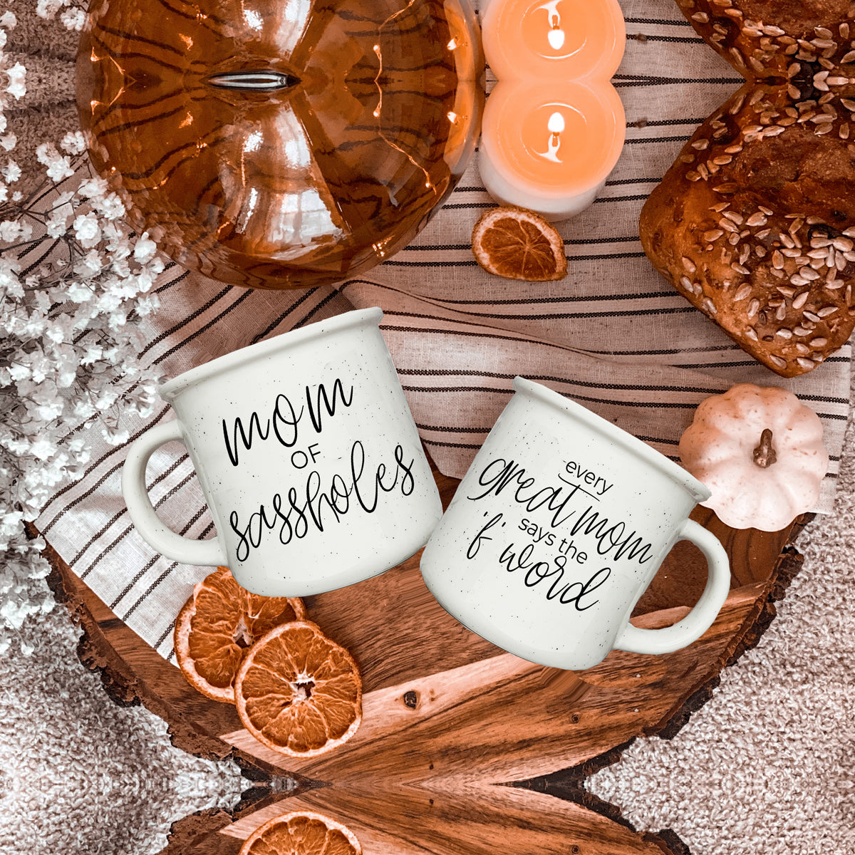 Mom Of Sassholes 14.5oz Ceramic Campfire Mug White Sesame Glaze Speckled Design Double Sided