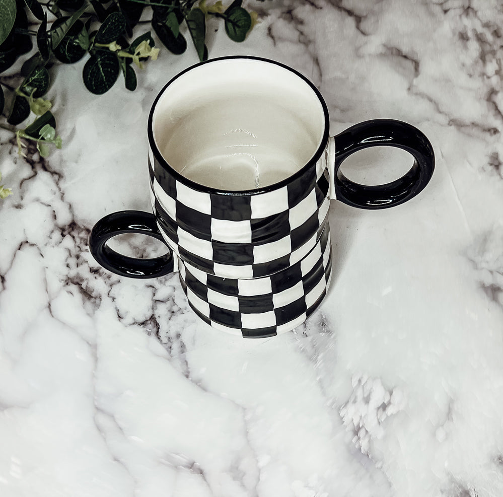 Black And White Checkered Ceramic Mug 13.5oz Hand-Painted Retro Dishwasher Safe