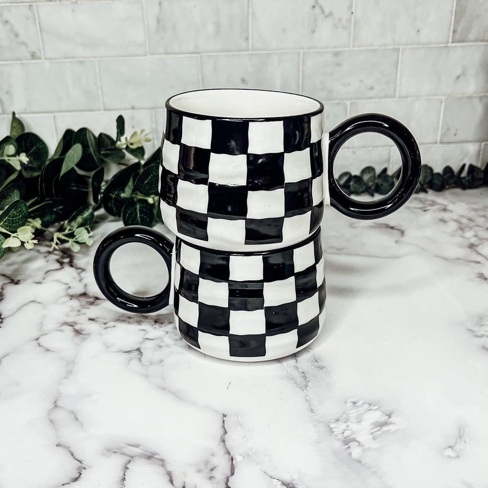 Black And White Checkered Ceramic Mug 13.5oz Hand-Painted Retro Dishwasher Safe