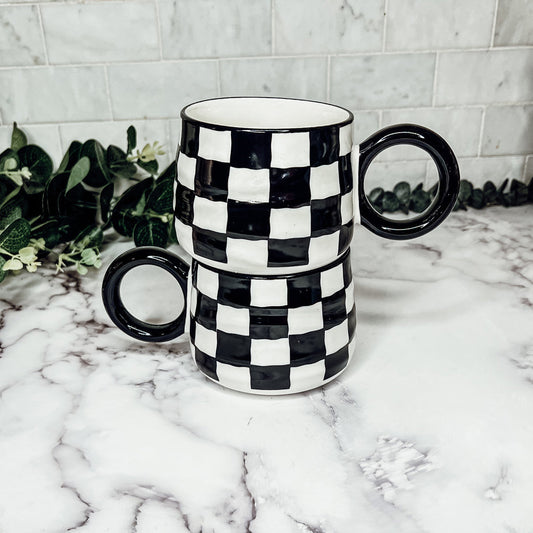 Black And White Checkered Ceramic Mug 13.5oz Hand-Painted Retro Dishwasher Safe