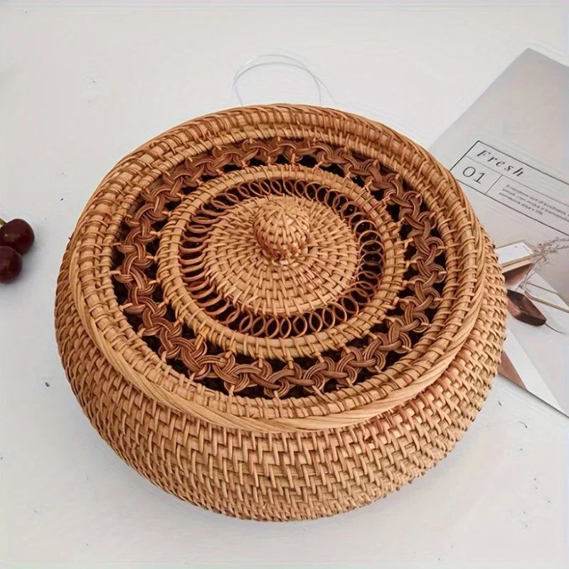 Handcrafted Rattan Storage Basket with Lid - Versatile Container for Tea, Snacks, Dried Fruits, Sweets, And Dim Sum - Natural Decorative Organizer for Coffee Table, Shelf Baskets