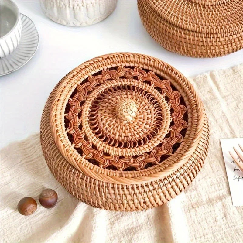 Handcrafted Rattan Storage Basket with Lid - Versatile Container for Tea, Snacks, Dried Fruits, Sweets, And Dim Sum - Natural Decorative Organizer for Coffee Table, Shelf Baskets