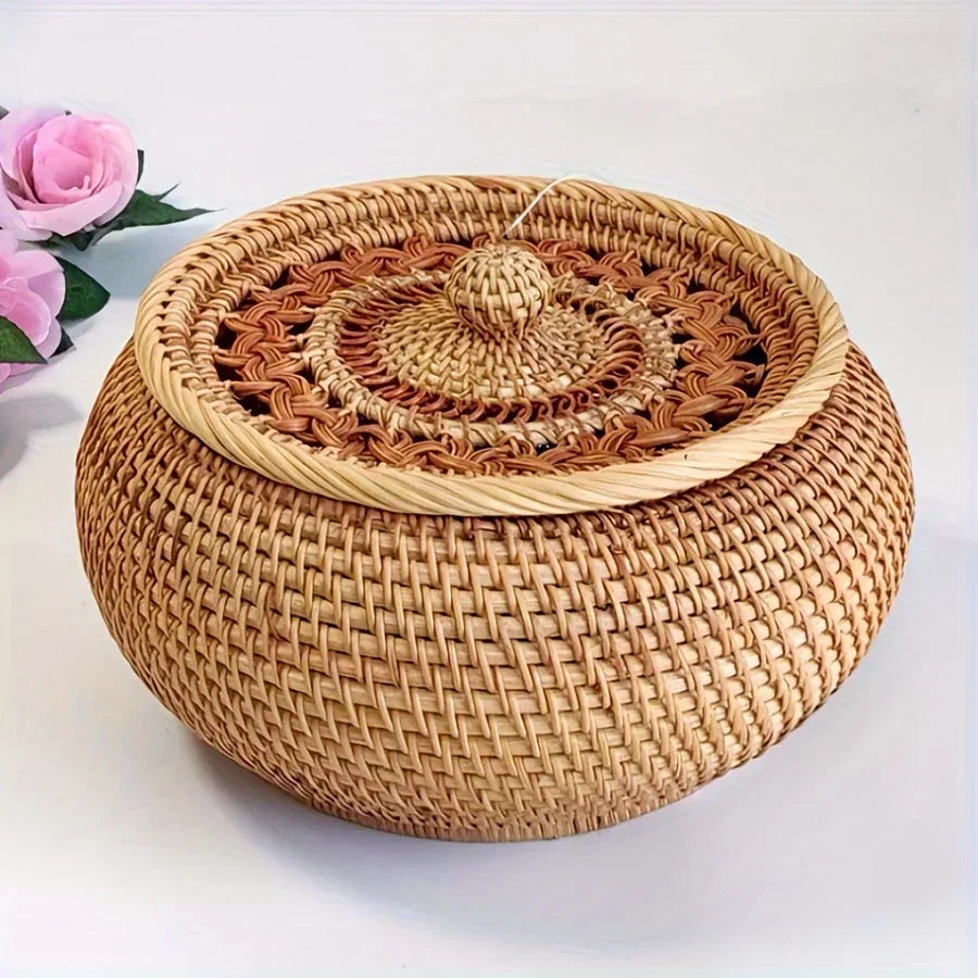 Handcrafted Rattan Storage Basket with Lid - Versatile Container for Tea, Snacks, Dried Fruits, Sweets, And Dim Sum - Natural Decorative Organizer for Coffee Table, Shelf Baskets