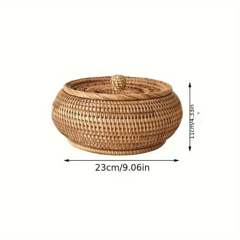 Handcrafted Rattan Storage Basket with Lid - Versatile Container for Tea, Snacks, Dried Fruits, Sweets, And Dim Sum - Natural Decorative Organizer for Coffee Table, Shelf Baskets