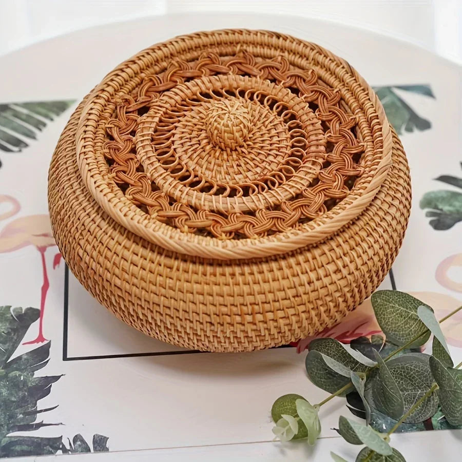 Handcrafted Rattan Storage Basket with Lid - Versatile Container for Tea, Snacks, Dried Fruits, Sweets, And Dim Sum - Natural Decorative Organizer for Coffee Table, Shelf Baskets