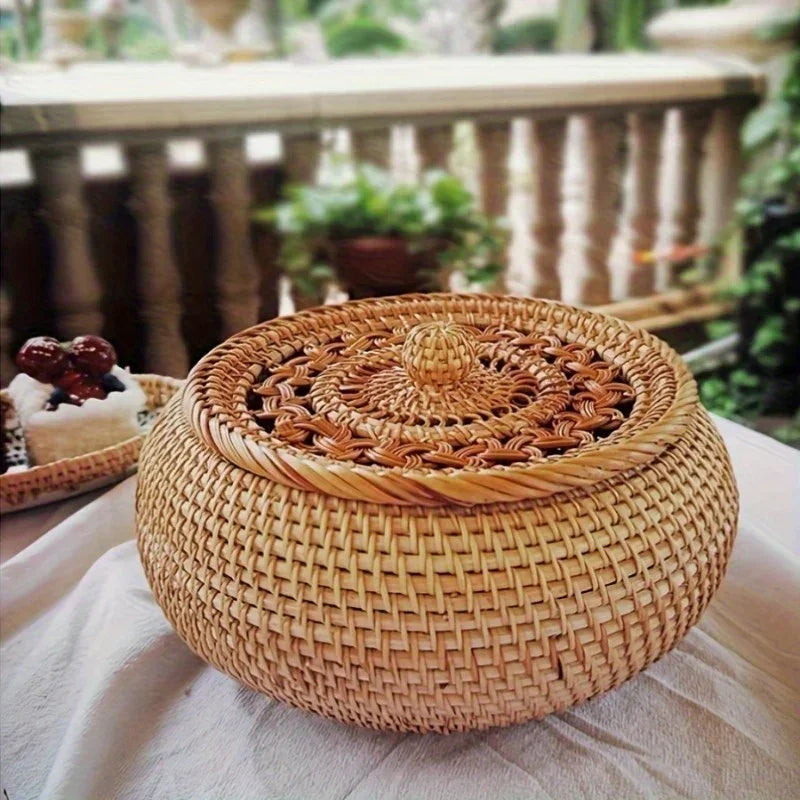 Handcrafted Rattan Storage Basket with Lid - Versatile Container for Tea, Snacks, Dried Fruits, Sweets, And Dim Sum - Natural Decorative Organizer for Coffee Table, Shelf Baskets