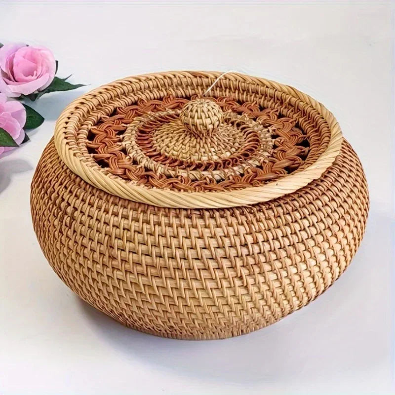 Handcrafted Rattan Storage Basket with Lid - Versatile Container for Tea, Snacks, Dried Fruits, Sweets, And Dim Sum - Natural Decorative Organizer for Coffee Table, Shelf Baskets