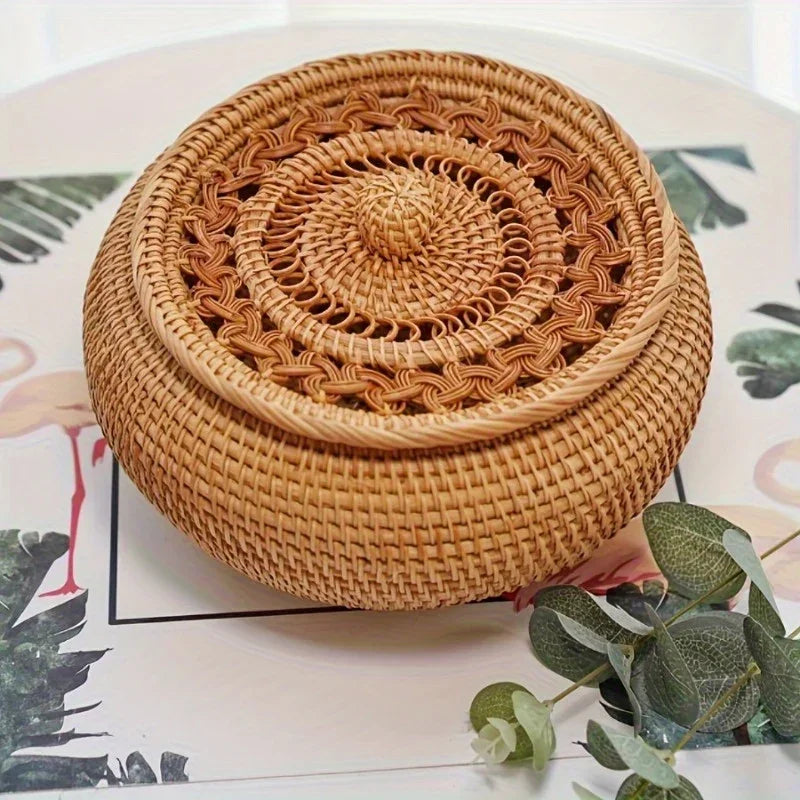 Handcrafted Rattan Storage Basket with Lid - Versatile Container for Tea, Snacks, Dried Fruits, Sweets, And Dim Sum - Natural Decorative Organizer for Coffee Table, Shelf Baskets